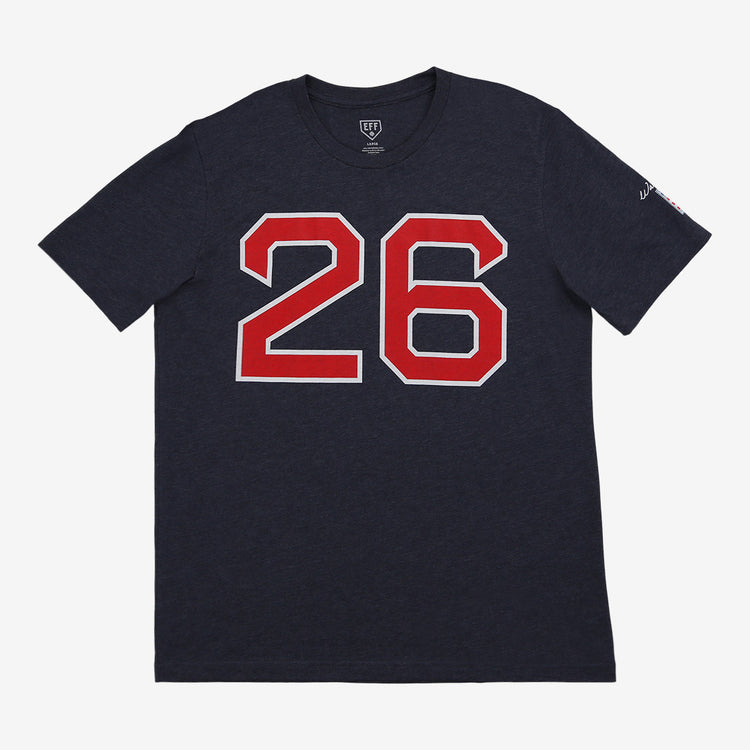 The Wade Boggs Hall of Fame T-Shirt by Ebbets Field Flannels is a navy tee featuring a bold red and white number 26 on the front, inspired by the Boston Red Sox legend, displayed against a plain white background.