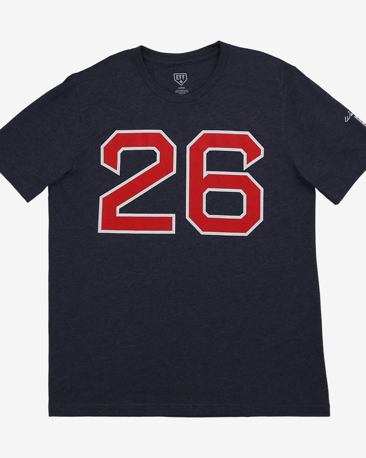 The Wade Boggs Hall of Fame T-Shirt by Ebbets Field Flannels is a navy tee featuring a bold red and white number 26 on the front, inspired by the Boston Red Sox legend, displayed against a plain white background.