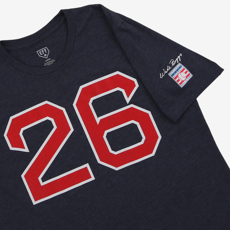 The Ebbets Field Flannels Wade Boggs Hall of Fame T-Shirt is a navy tee with a bold red and white number 26 on the front, plus patch and signature on the sleeve—honoring Boston Red Sox legend Wade Boggs.