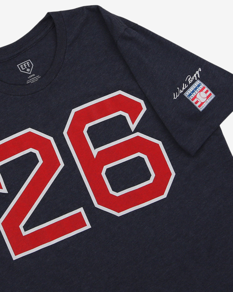 The Ebbets Field Flannels Wade Boggs Hall of Fame T-Shirt is a navy tee with a bold red and white number 26 on the front, plus patch and signature on the sleeve—honoring Boston Red Sox legend Wade Boggs.