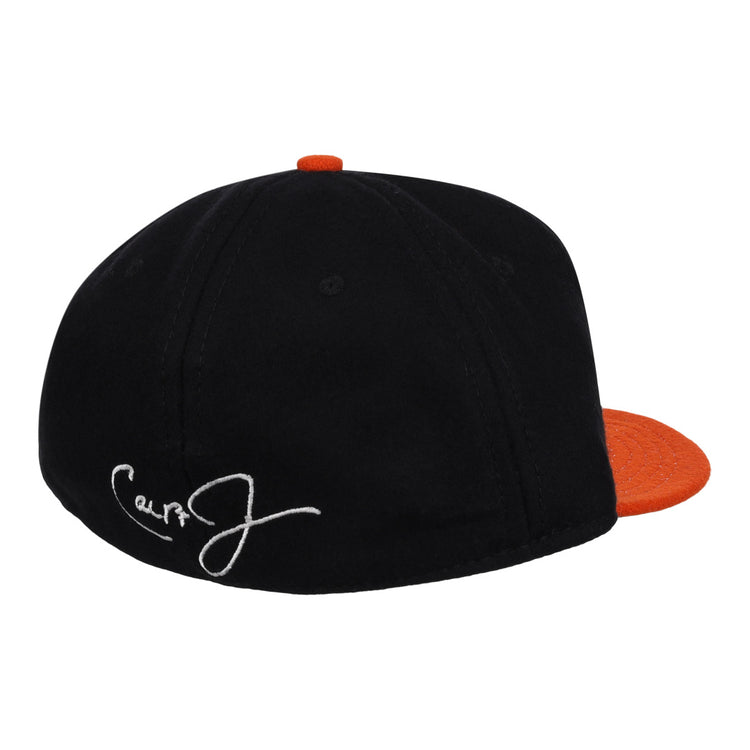 The Ebbets Field Flannels Cal Ripken Jr. Signature Series Ballcap is a black vintage wool cap with an orange brim and button, plus a white embroidered signature on the back—a tribute to Cal Ripken Jr. and the National Baseball Hall of Fame.