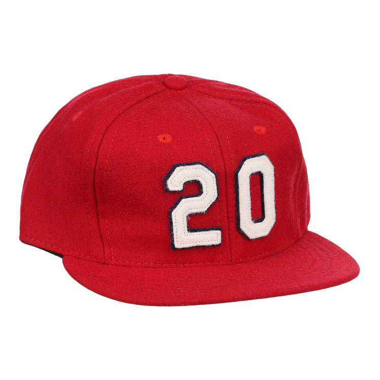 The Lou Brock Signature Series Ballcap by Ebbets Field Flannels is a vintage red wool flat-brim cap, featuring the number 20 in white with black outline on the front—a timeless tribute to the Hall of Famer.