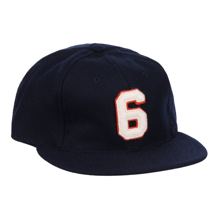 The Ebbets Field Flannels Al Kaline Signature Series Ballcap is a navy wool vintage cap with a white and red embroidered number 6 on the front, inspired by Al Kaline’s iconic style.