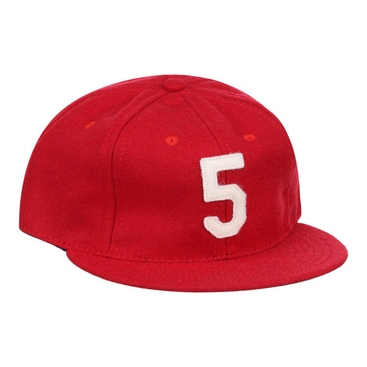 The Johnny Bench Signature Series Ballcap by Ebbets Field Flannels is a vintage red wool cap featuring a white number 5 on the front, inspired by the Hall of Fame catchers iconic style.
