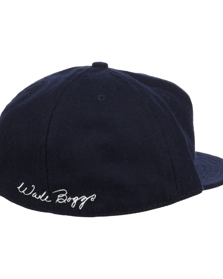 The Wade Boggs Signature Series Ballcap by Ebbets Field Flannels is a navy vintage wool cap with Wade Boggs embroidered in white on the side, honoring his legacy in the National Baseball Hall of Fame.