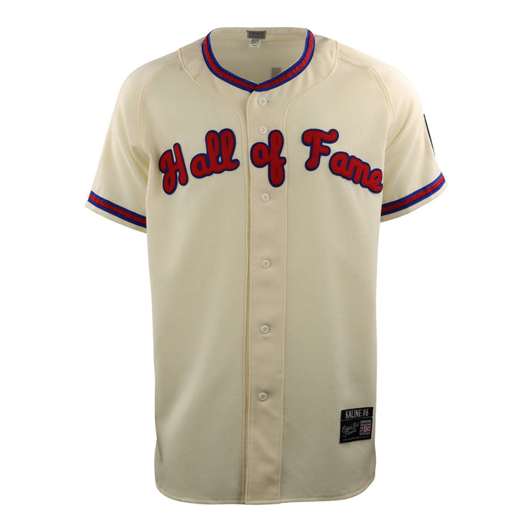 The cream-colored Al Kaline Hall of Fame Jersey by EFF features blue and red trim, Hall of Fame in red script across the chest, and a black patch near the bottom hem.