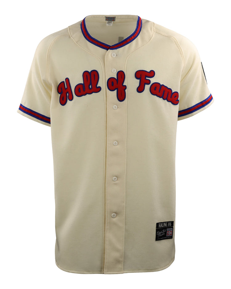 The cream-colored Al Kaline Hall of Fame Jersey by EFF features blue and red trim, Hall of Fame in red script across the chest, and a black patch near the bottom hem.