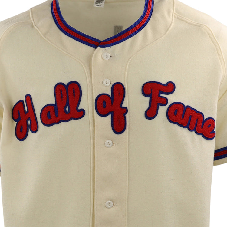 The EFF Al Kaline Hall of Fame Jersey is cream-colored with blue and red trim, featuring bold “Hall of Fame” script across the chest—a classic design inspired by Ebbets Field Flannels.