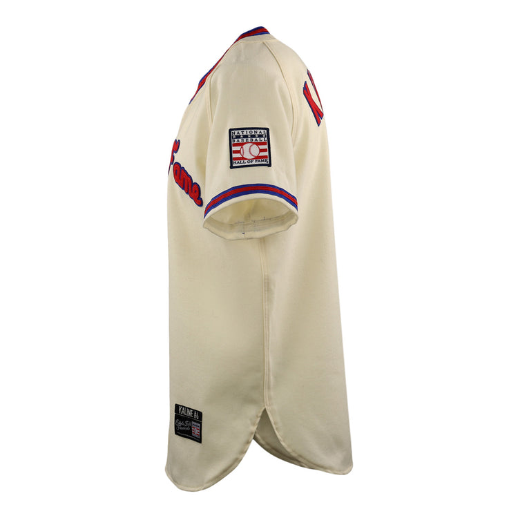 Side view of the EFF Al Kaline Hall of Fame Jersey in cream with red and blue trim, right sleeve patch, and black label by the hem. The front lettering and number are partly visible on this classic baseball jersey.