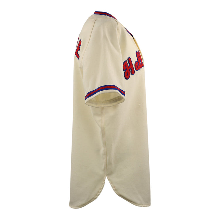 Side view of the cream Al Kaline Hall of Fame Jersey by EFF, with blue and red trim on sleeves and collar. Partial red HALLE text appears on chest and sleeve.