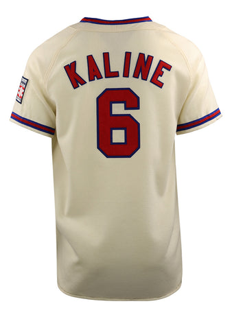 The EFF Al Kaline Hall of Fame Jersey is cream-colored with red and blue trim, featuring KALINE and the number 6 in bold red and blue lettering on the back.