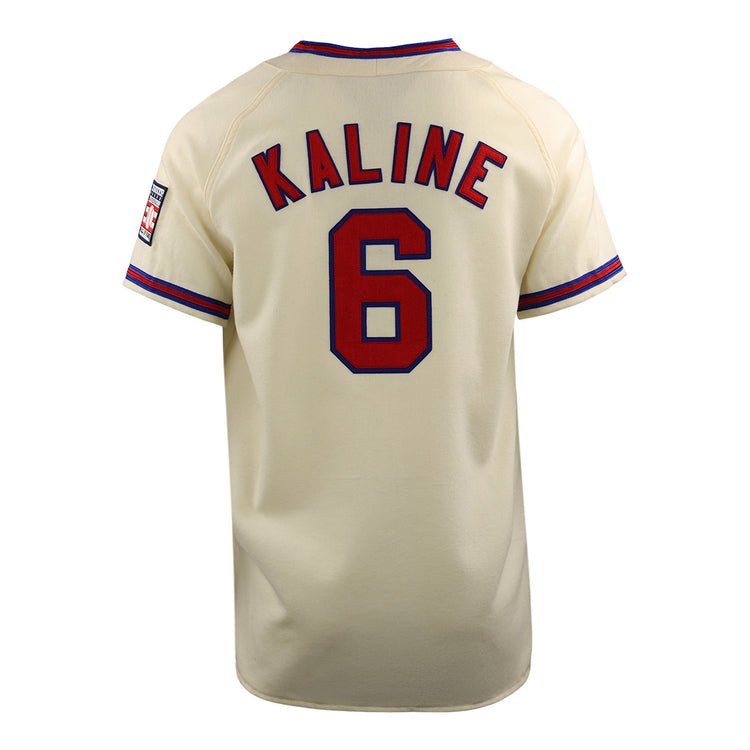 The EFF Al Kaline Hall of Fame Jersey is cream-colored with red and blue trim, featuring KALINE and the number 6 in bold red and blue lettering on the back.