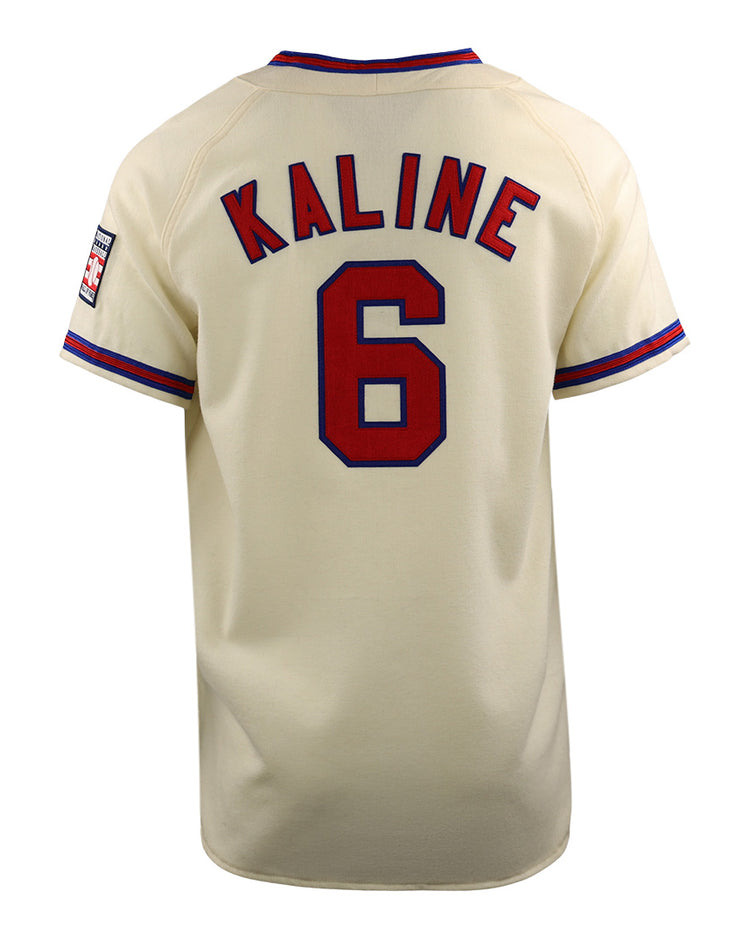 The EFF Al Kaline Hall of Fame Jersey is cream-colored with red and blue trim, featuring KALINE and the number 6 in bold red and blue lettering on the back.