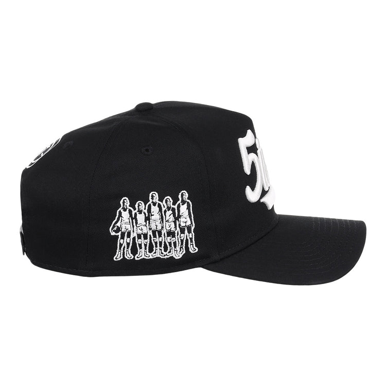 The Black Fives Snapback A-Frame by Ebbets Field Flannels features a black design with a white outline of five standing figures and a bold white 50 embroidered on the front, honoring Black basketball history.