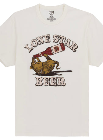 The Lone Star EFF Vintage Beer T-Shirt by Ebbets Field Flannels is a white tee featuring an armadillo on its back as a beer bottle pours into its mouth, with bold Lone Star Beer: National Beer of Texas lettering above and below.