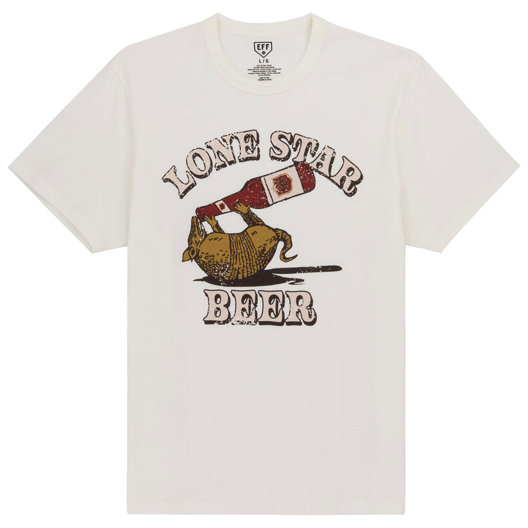 The Lone Star EFF Vintage Beer T-Shirt by Ebbets Field Flannels is a white tee featuring an armadillo on its back as a beer bottle pours into its mouth, with bold Lone Star Beer: National Beer of Texas lettering above and below.
