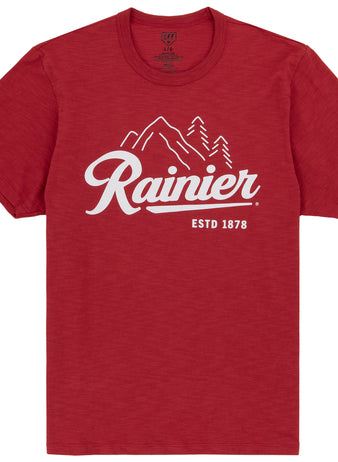 The Rainier EFF Vintage Beer T-Shirt in red by Ebbets Field Flannels features a white mountain and trees graphic, Rainier in script, and ESTD 1878—honoring Rainier Beer and the Pacific Northwest spirit.