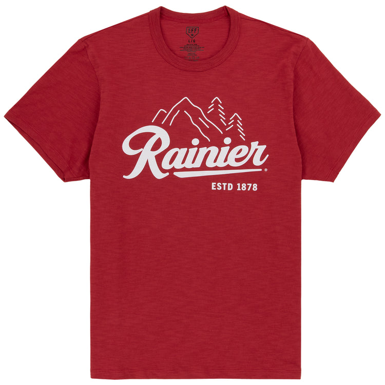 The Rainier EFF Vintage Beer T-Shirt in red by Ebbets Field Flannels features a white mountain and trees graphic, Rainier in script, and ESTD 1878—honoring Rainier Beer and the Pacific Northwest spirit.