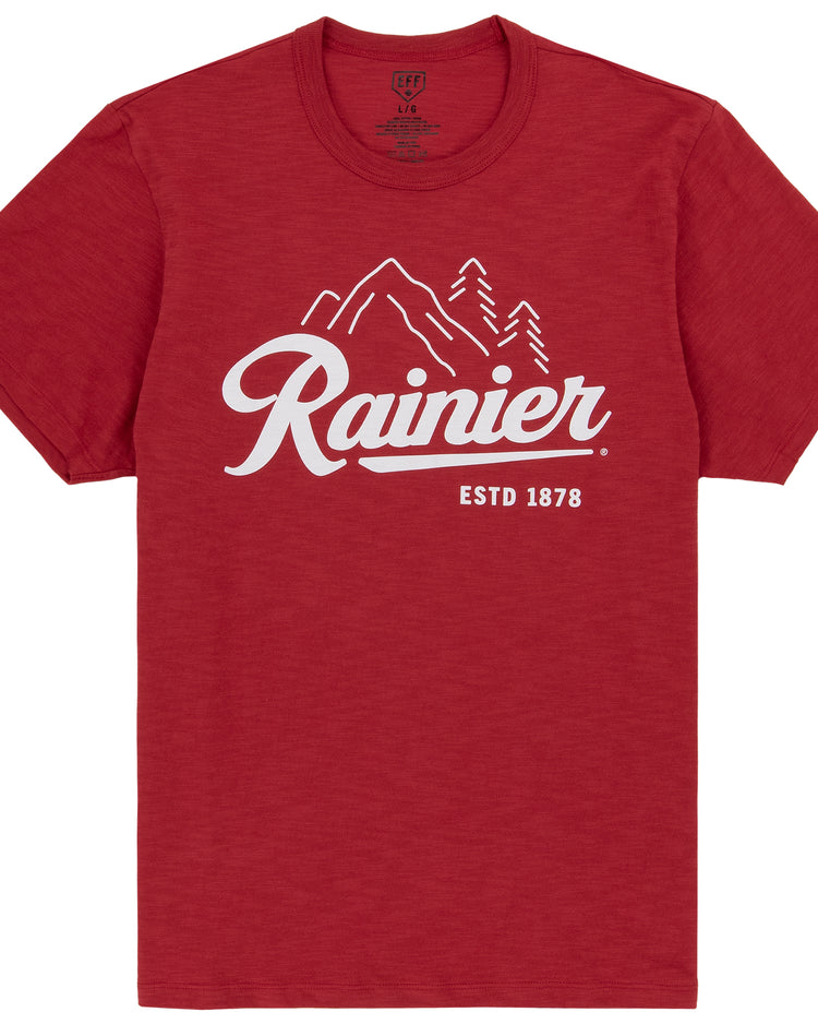 The Rainier EFF Vintage Beer T-Shirt in red by Ebbets Field Flannels features a white mountain and trees graphic, Rainier in script, and ESTD 1878—honoring Rainier Beer and the Pacific Northwest spirit.