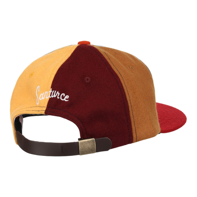 The EFF Santurce Cangrejeros Vintage Inspired Pinwheel Ballcap features yellow, burgundy, and brown panels, a red brim, adjustable brown strap with metal clasp, and white embroidery honoring Roberto Clemente.