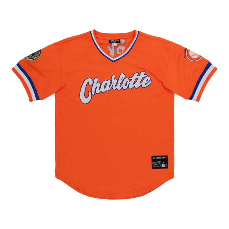 The Charlotte Orioles EFF MiLB Vintage V-Neck Baseball Jersey by EFF features a bright orange design with blue and white sleeve stripes, Charlotte script, and team patches—ideal for fans of the Charlotte Orioles or Cal Ripken Jr.