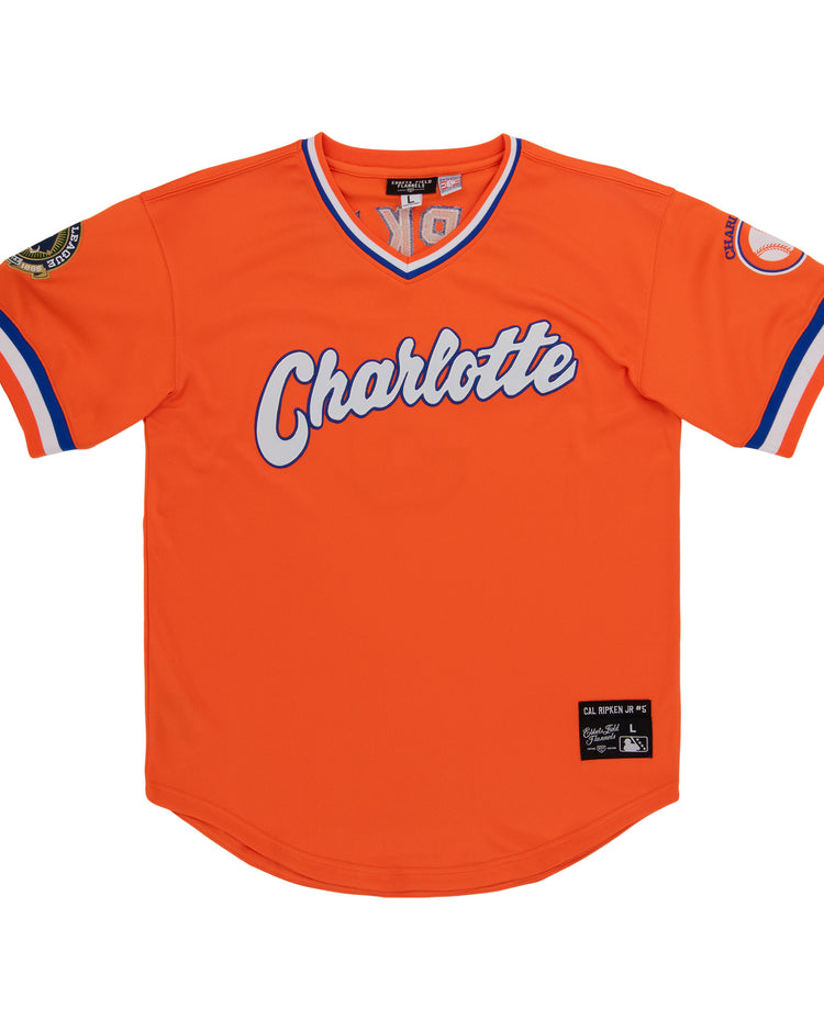 The Charlotte Orioles EFF MiLB Vintage V-Neck Baseball Jersey by EFF features a bright orange design with blue and white sleeve stripes, Charlotte script, and team patches—ideal for fans of the Charlotte Orioles or Cal Ripken Jr.