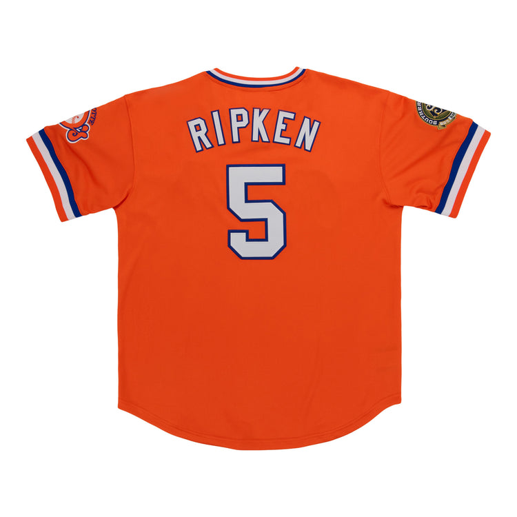 The EFF Charlotte Orioles MiLB Vintage V-Neck Baseball Jersey features orange fabric, blue and white trim, RIPKEN and number 5 on the back, plus unique sleeve patches—an essential for any vintage collection.