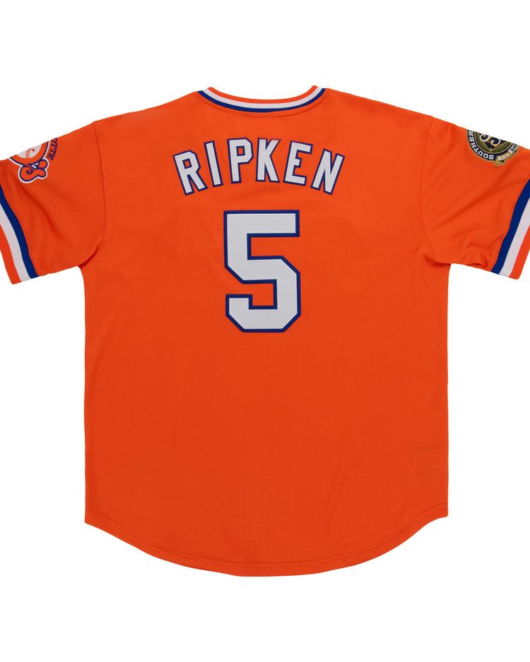 The EFF Charlotte Orioles MiLB Vintage V-Neck Baseball Jersey features orange fabric, blue and white trim, RIPKEN and number 5 on the back, plus unique sleeve patches—an essential for any vintage collection.