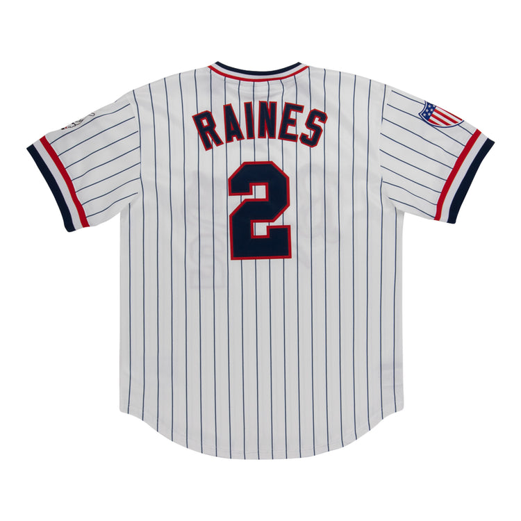 The EFF Denver Bears MiLB Vintage V-Neck Pinstripe Jersey is white with blue pinstripes, RAINES and number 2 in red/blue on the back, a sleeve patch, and navy, red, and white trim.