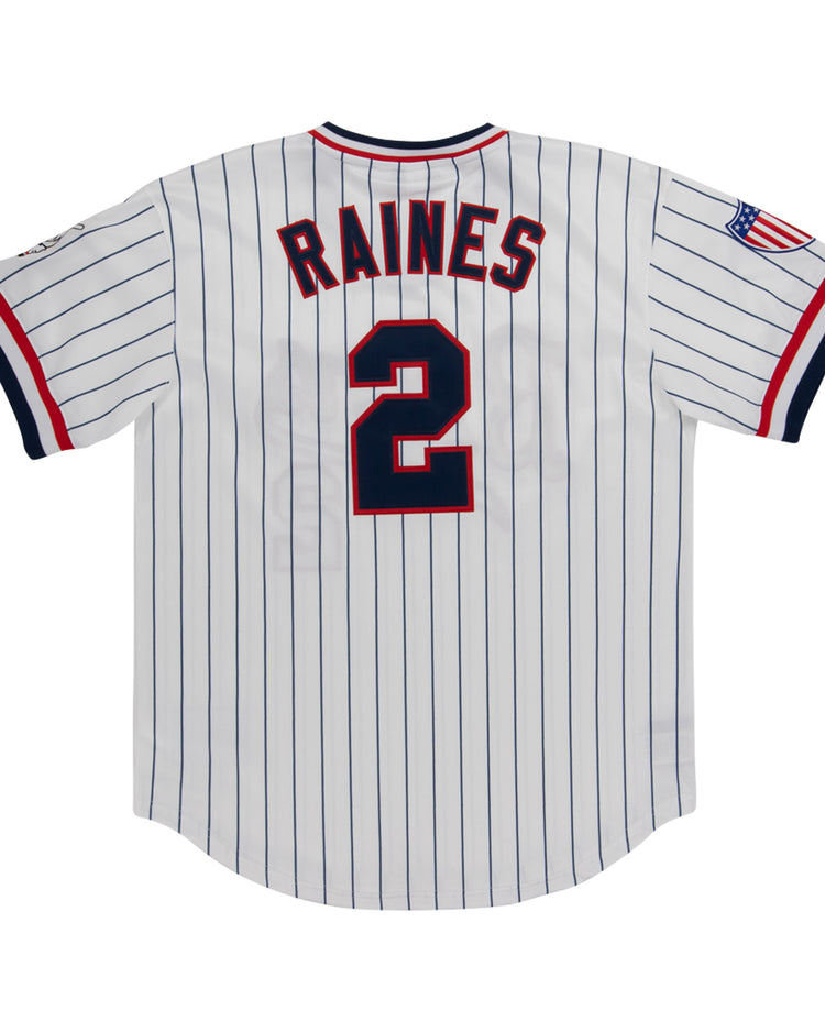 The EFF Denver Bears MiLB Vintage V-Neck Pinstripe Jersey is white with blue pinstripes, RAINES and number 2 in red/blue on the back, a sleeve patch, and navy, red, and white trim.