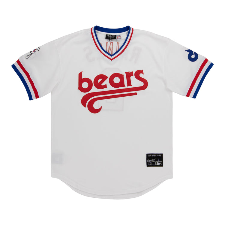 The Denver Bears EFF MiLB Vintage V-Neck Baseball Jersey by EFF is white with bears in red script on the front, blue and red sleeve/collar stripes, and a black patch near the bottom hem.