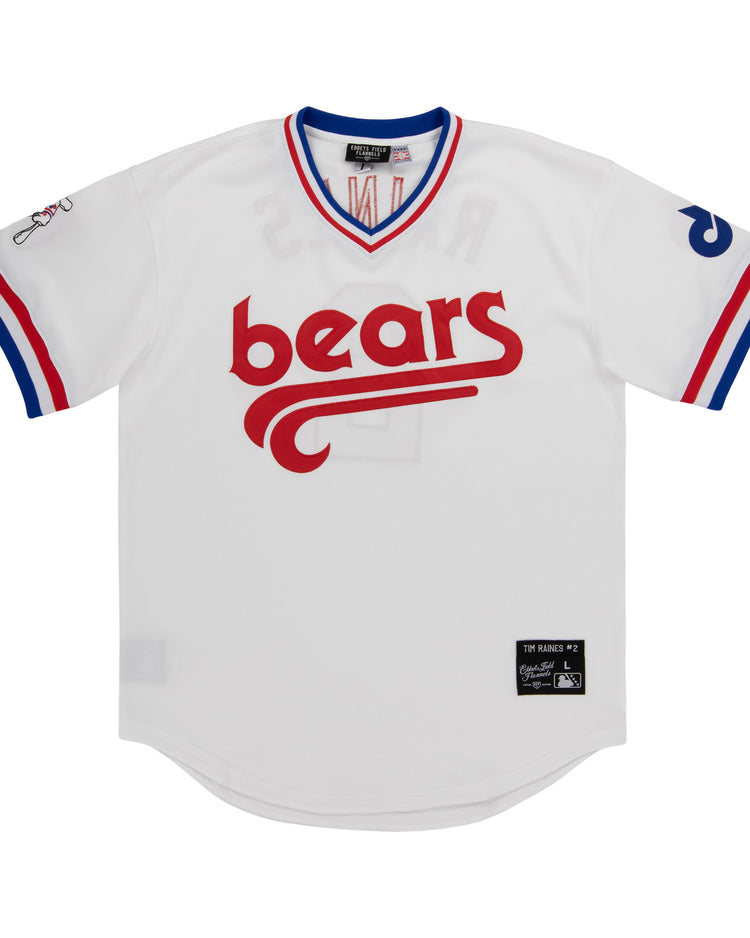 The Denver Bears EFF MiLB Vintage V-Neck Baseball Jersey by EFF is white with bears in red script on the front, blue and red sleeve/collar stripes, and a black patch near the bottom hem.