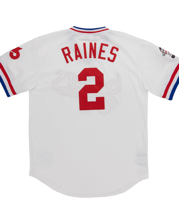 A white Denver Bears EFF MiLB Vintage V-Neck Baseball Jersey by EFF, featuring red and blue trim, RAINES and number 2 in red on the back, plus a right sleeve patch from the Lone Star Collection.