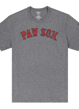 The Ebbets Field Flannels Pawtucket Red Sox EFF MiLB Vintage T-Shirt features PAW SOX in red and black on a gray short sleeve, plus a small red P on the sleeve—ideal for fans of vintage International League apparel.