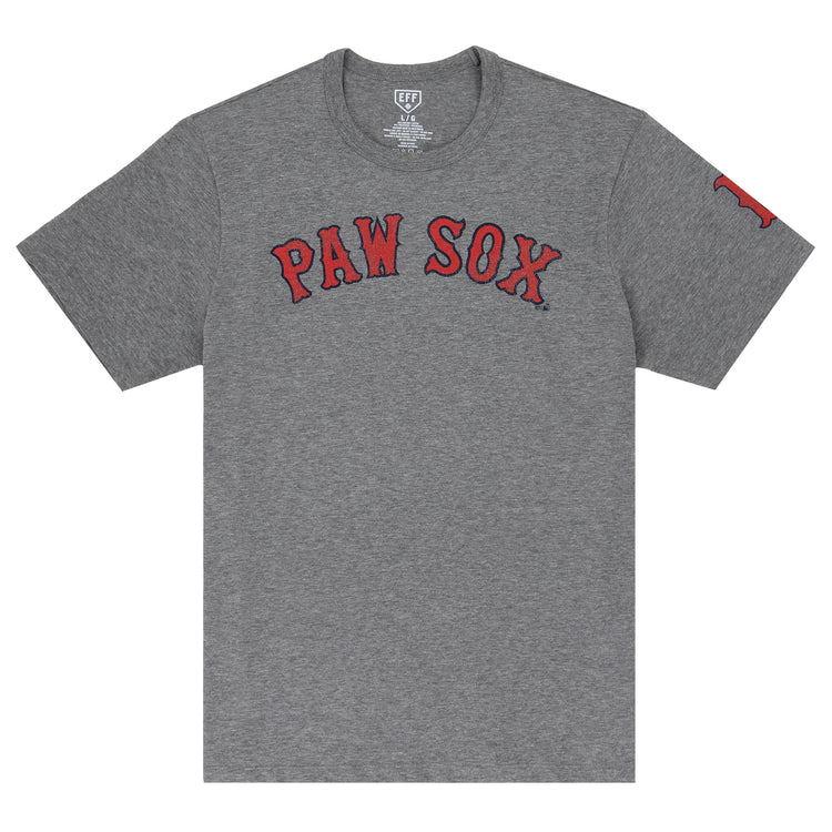 The Ebbets Field Flannels Pawtucket Red Sox EFF MiLB Vintage T-Shirt features PAW SOX in red and black on a gray short sleeve, plus a small red P on the sleeve—ideal for fans of vintage International League apparel.