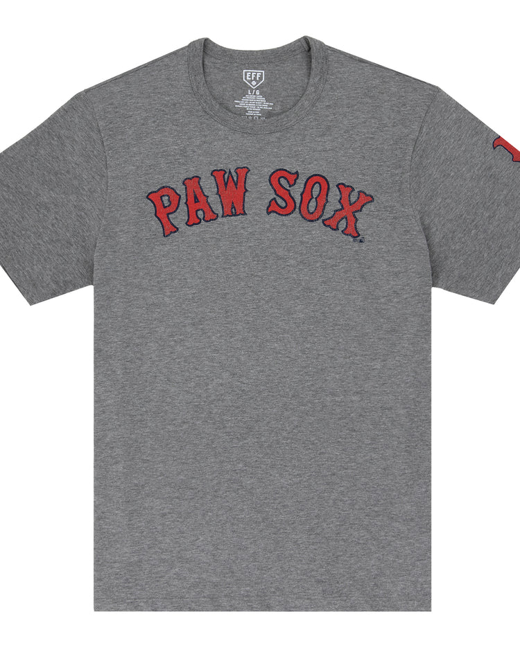 The Ebbets Field Flannels Pawtucket Red Sox EFF MiLB Vintage T-Shirt features PAW SOX in red and black on a gray short sleeve, plus a small red P on the sleeve—ideal for fans of vintage International League apparel.