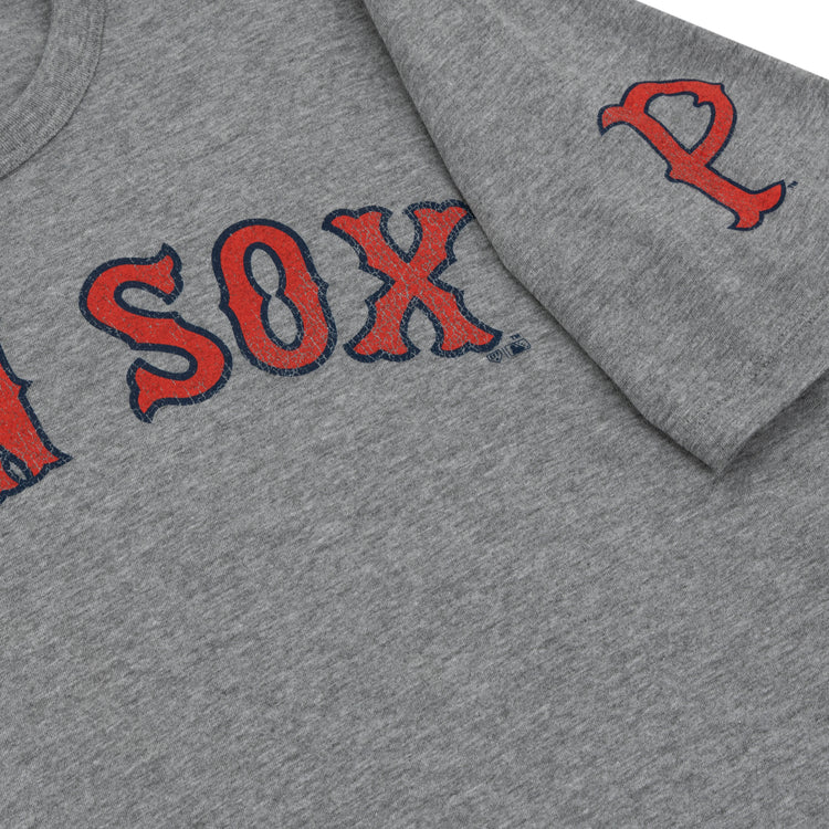 A close-up of the Pawtucket Red Sox EFF MiLB Vintage T-Shirt by Ebbets Field Flannels, featuring SOX in bold red and blue letters—crafted from premium cotton, perfect for Red Sox fans.