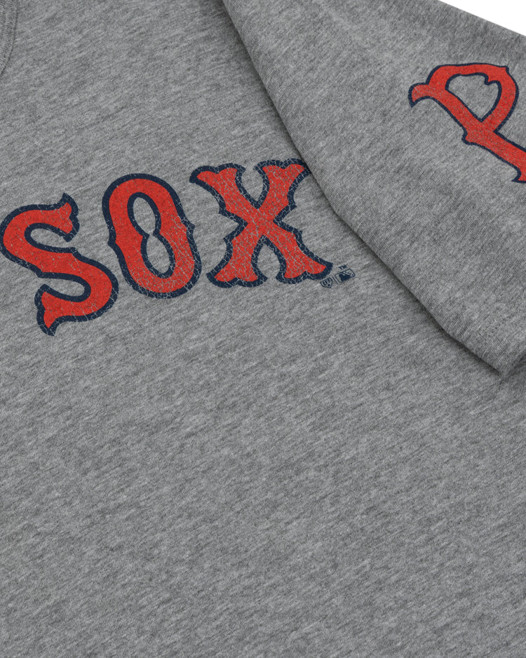 A close-up of the Pawtucket Red Sox EFF MiLB Vintage T-Shirt by Ebbets Field Flannels, featuring SOX in bold red and blue letters—crafted from premium cotton, perfect for Red Sox fans.