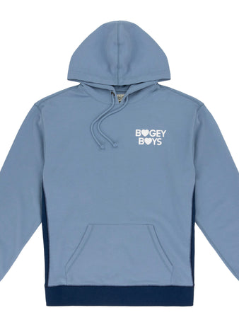 The EFF Bogey Boys x EFF French Terry Sweatshirt features a light blue color, front pocket, dark blue trim on waistband and cuffs, and white BOGEY BOYS print on the left chest. Made from premium fleece for ultimate comfort.