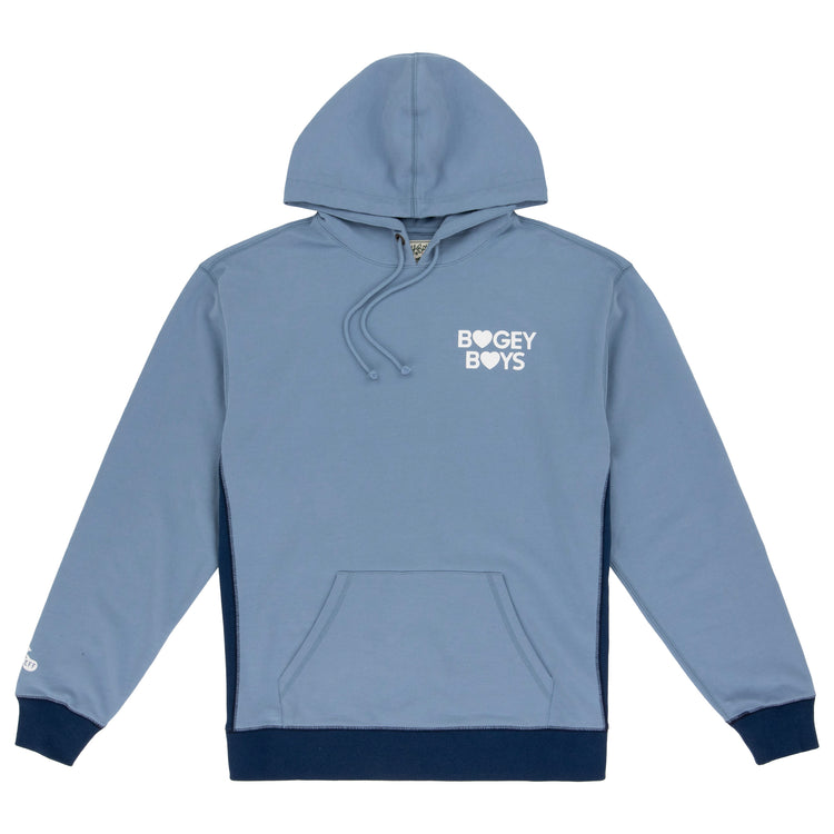 The EFF Bogey Boys x EFF French Terry Sweatshirt features a light blue color, front pocket, dark blue trim on waistband and cuffs, and white BOGEY BOYS print on the left chest. Made from premium fleece for ultimate comfort.