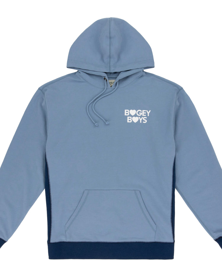 The EFF Bogey Boys x EFF French Terry Sweatshirt features a light blue color, front pocket, dark blue trim on waistband and cuffs, and white BOGEY BOYS print on the left chest. Made from premium fleece for ultimate comfort.