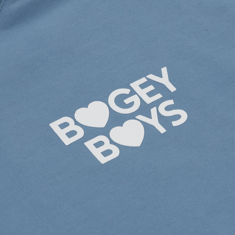 Close-up of the EFF Bogey Boys x EFF French Terry Sweatshirt in powder blue, featuring 