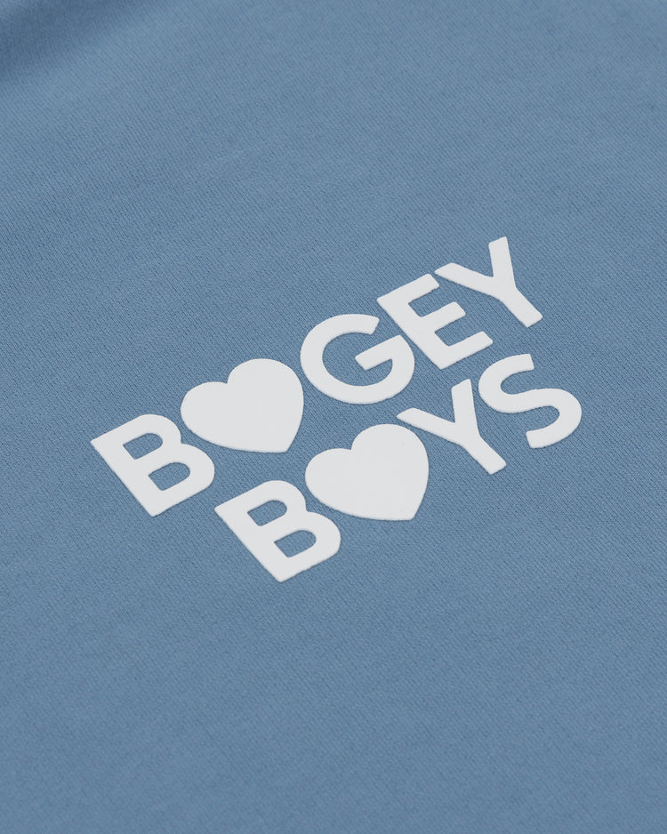 Close-up of the EFF Bogey Boys x EFF French Terry Sweatshirt in powder blue, featuring 