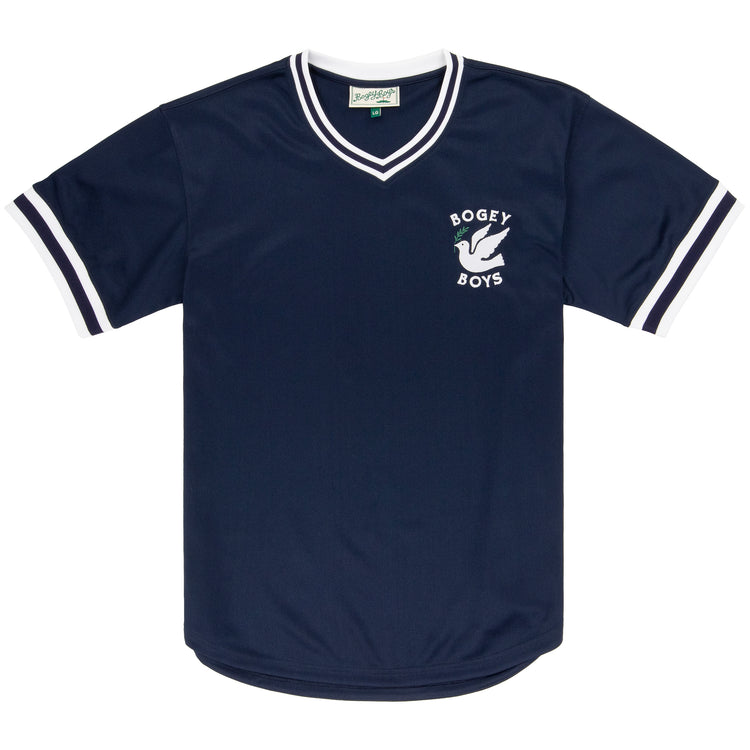 The Bogey Boys x EFF V-Neck Baseball Jersey by EFF is a navy blue double-knit polyester jersey with white trim on the sleeves and collar, featuring a white dove graphic and Bogey Boys on the chest—a standout golf apparel piece.