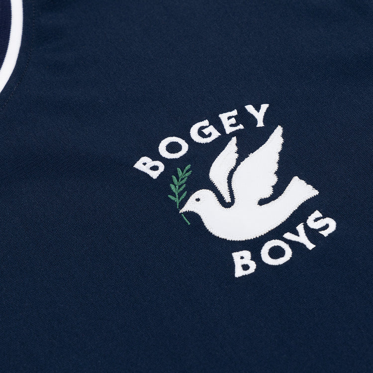 The Bogey Boys x EFF V-Neck Baseball Jersey by EFF features navy double-knit polyester, a white embroidered dove with an olive branch, and “BOGEY BOYS” text—a striking piece from the Bogey Boys jersey collection.
