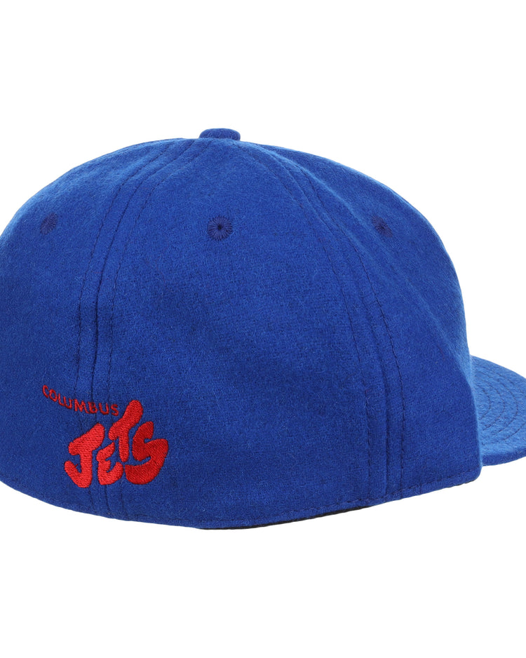 The EFF Columbus Jets Letterhead Wool Vintage Ballcap is shown from behind on a white background, featuring royal blue wool and red embroidered COLUMBUS Jets text on the back left side.
