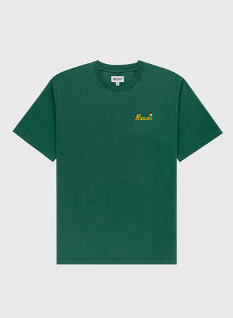 The Ebbets Field Hawaii Islanders (PCL) Embroidered ‘Hawaii’ Short Sleeve Tee is a plain green 200gsm cotton shirt with Hawaii and a small yellow-green pineapple embroidered on the left chest, shown flat on a white background.