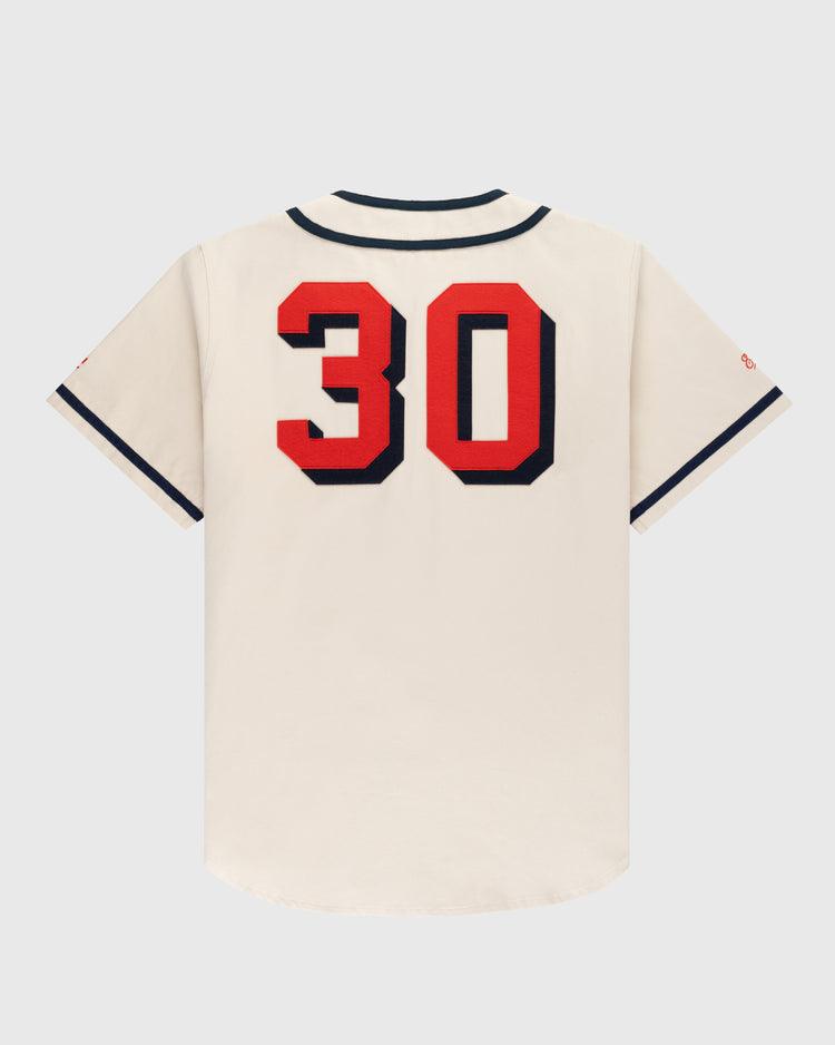 The Ebbets Field Los Angeles Angels (PCL) Cotton Twill Jersey features navy trim and bold red and black number 30 on the back, shown against a plain light background.