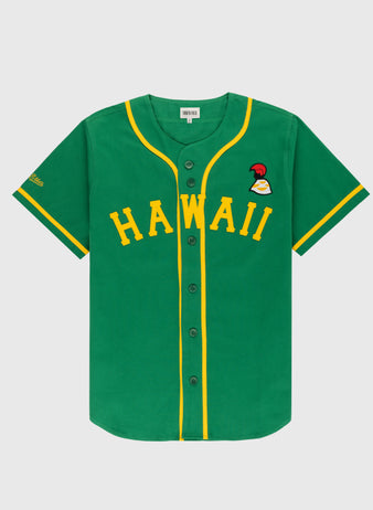 The Ebbets Field Hawaii Islanders (PCL) Cotton Twill Baseball Jersey features a green body with yellow trim, HAWAII in yellow capitals across the chest, a red and white patch above, short sleeves, and front buttons for a vintage look.