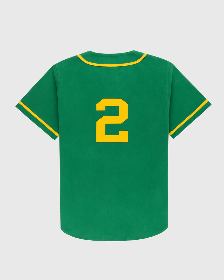 The Ebbets Field Hawaii Islanders (PCL) Cotton Twill Baseball Jersey features green twill, yellow sleeve and collar trim, and a bold yellow number 2 on the back, inspired by the classic Hawaii Islanders jersey.